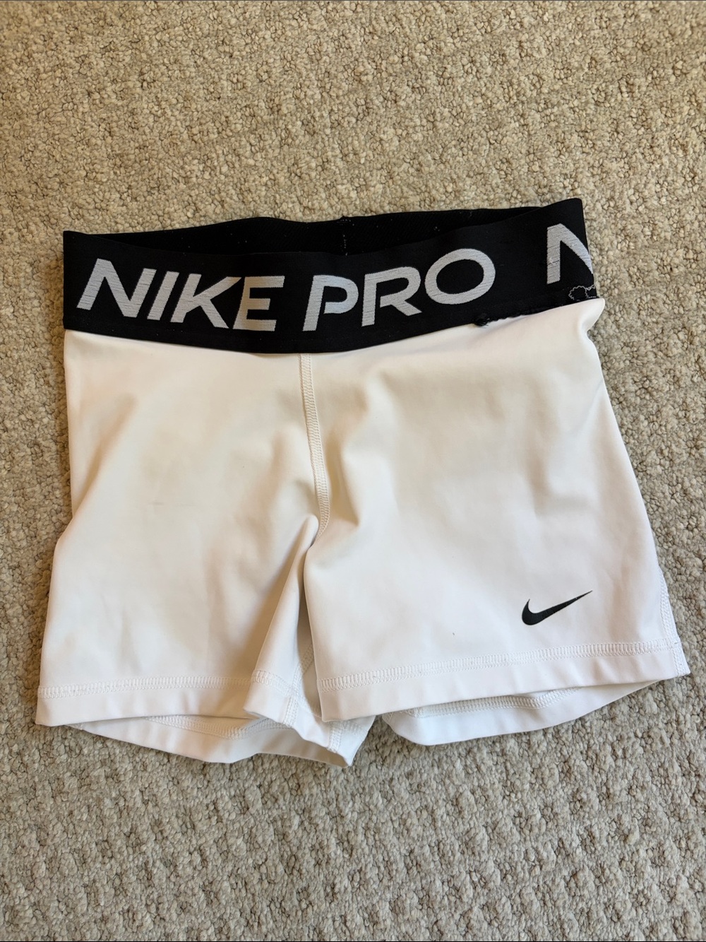 Nike Women's White Athletic Compression Shorts with Black Branded Waistband
